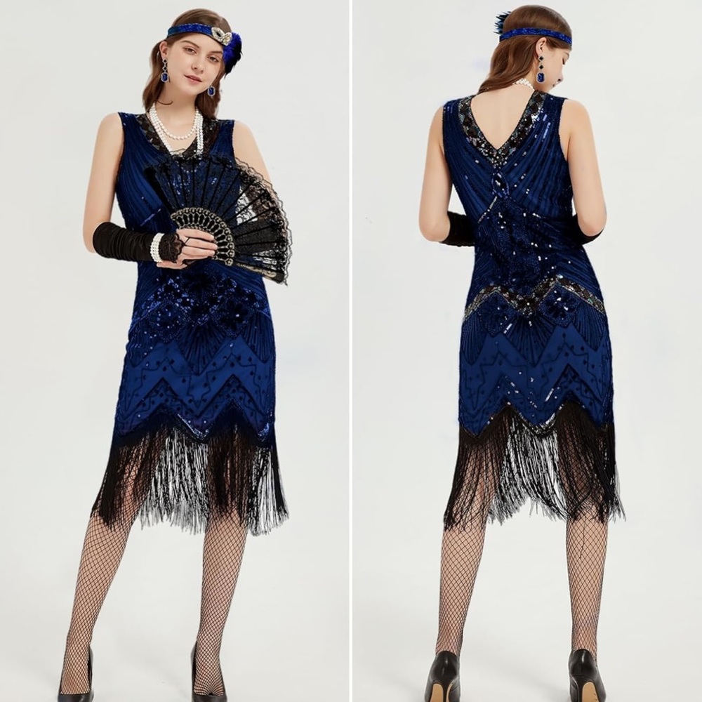 NWT Metme 1920s Women's Elegant Black and Blue Sequin Dress Size S